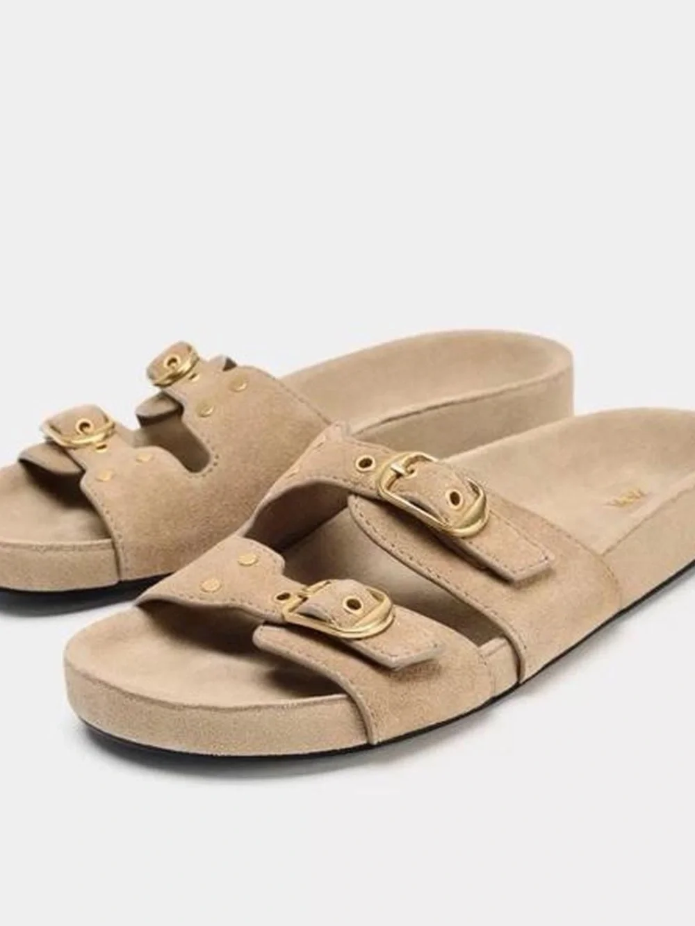 Zara Suede Leather Buckle Strap Studded Sandals in Camel Tan - 7.5